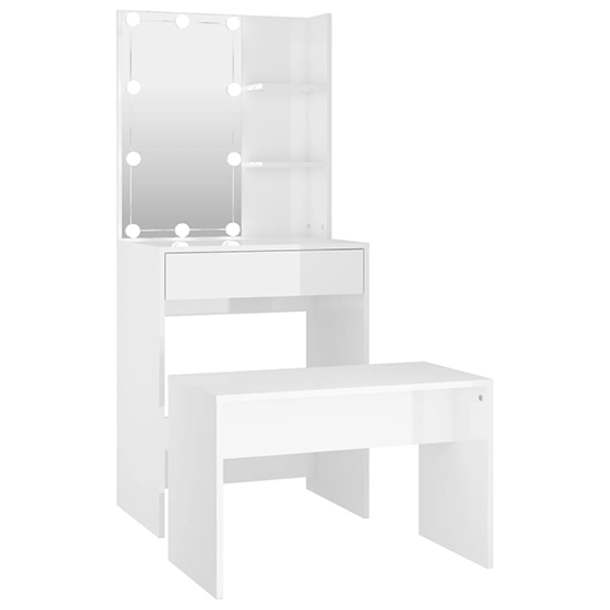 Adhra High Gloss Dressing Table Set In White With LED Lights