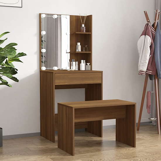 Read more about Adhra wooden dressing table set in brown oak with led lights