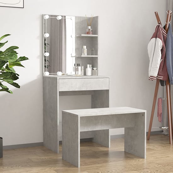 Adhra Wooden Dressing Table Set In Concrete Effect With LED