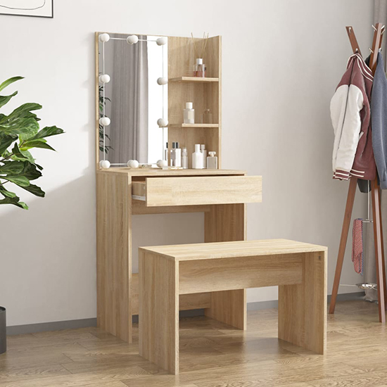 Adhra Wooden Dressing Table Set In Sonoma Oak With LED Lights