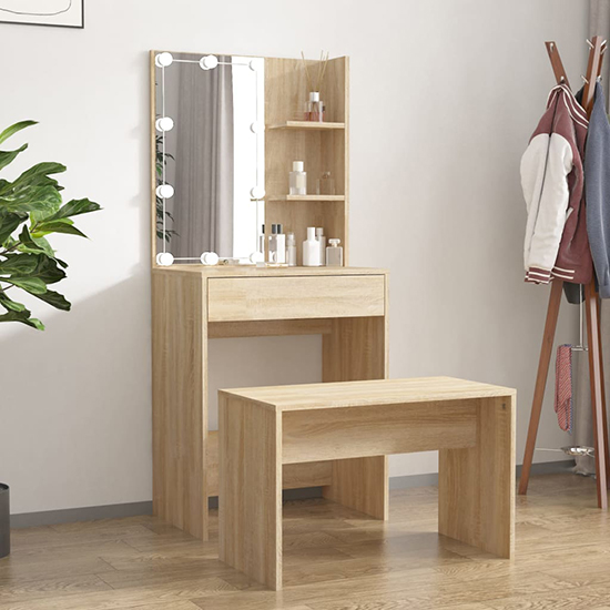 Adhra Wooden Dressing Table Set In Sonoma Oak With LED Lights