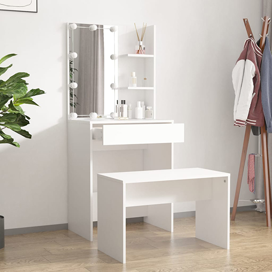 Adhra Wooden Dressing Table Set In White With LED Lights
