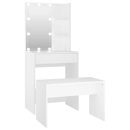 Adhra Wooden Dressing Table Set In White With LED Lights