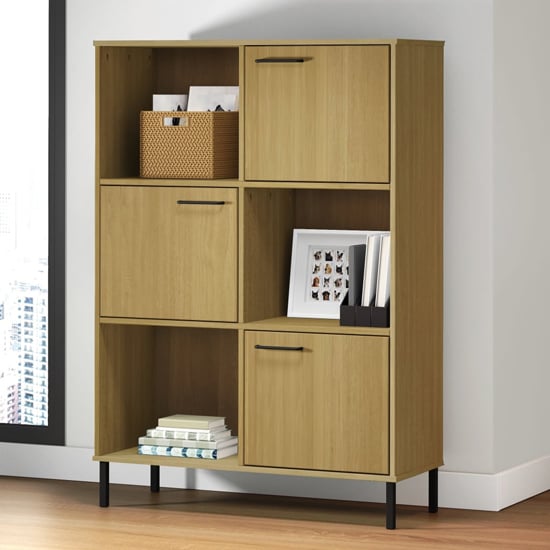 Product photograph of Adica Solid Wood Bookcase 3 Doors In Brown With Metal Legs from Furniture in Fashion