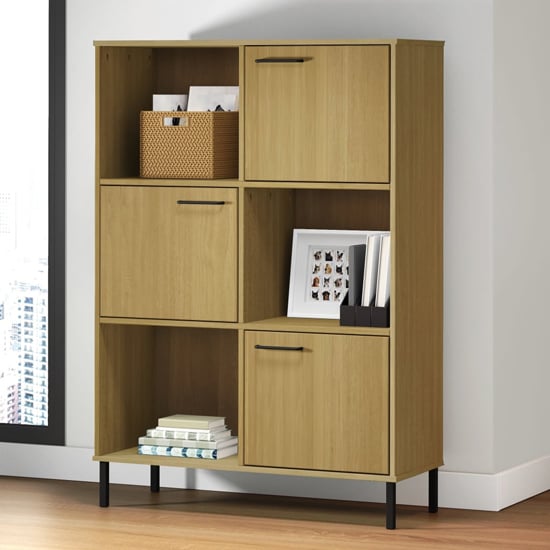 Read more about Adica solid wood bookcase 3 doors in brown with metal legs