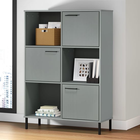 Product photograph of Adica Solid Wood Bookcase 3 Doors In Grey With Metal Legs from Furniture in Fashion