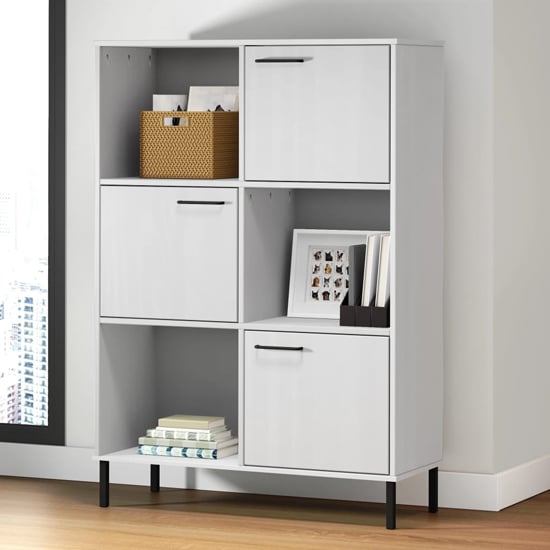 Read more about Adica solid wood bookcase 3 doors in white with metal legs