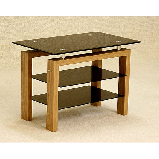 Adina Black Glass TV Stand With Walnut Wooden Legs 7314