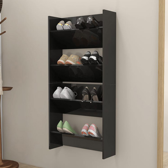 Adino High Gloss Wall Mounted Shoe Storage Rack In Black