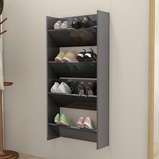 Adino High Gloss Wall Mounted Shoe Storage Rack In Grey