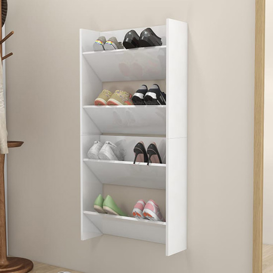 Product photograph of Adino High Gloss Wall Mounted Shoe Storage Rack In White from Furniture in Fashion