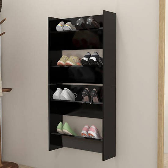 Adino Wooden Wall Mounted Shoe Storage Rack In Black