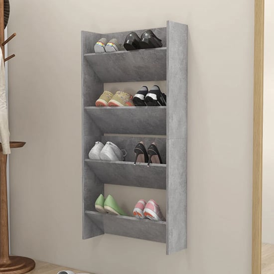 Product photograph of Adino Wooden Wall Mounted Shoe Storage Rack In Concrete Effect from Furniture in Fashion