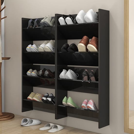 Adkins High Gloss Wall Mounted Shoe Storage Rack In Black