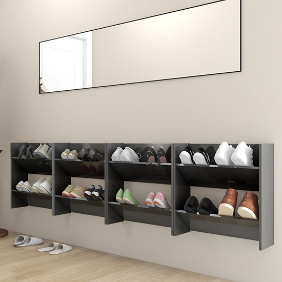 Adkins High Gloss Wall Mounted Shoe Storage Rack In Grey