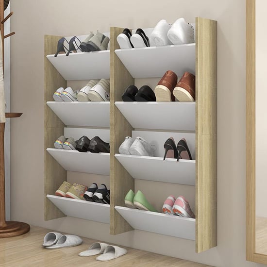 Photo of Adkins wall mounted shoe storage rack in white sonoma oak