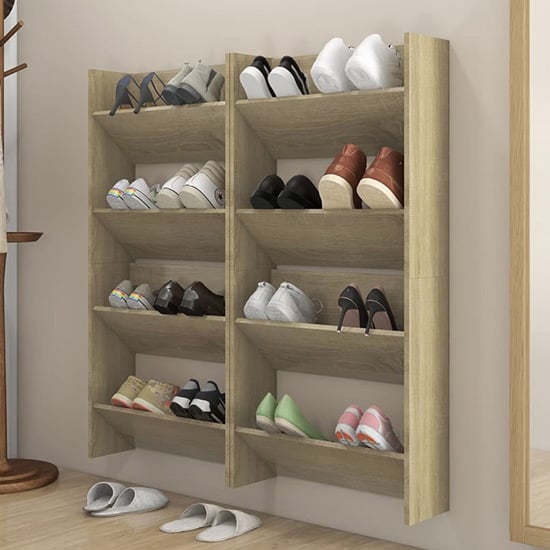 Photo of Adkins wooden wall mounted shoe storage rack in sonoma oak