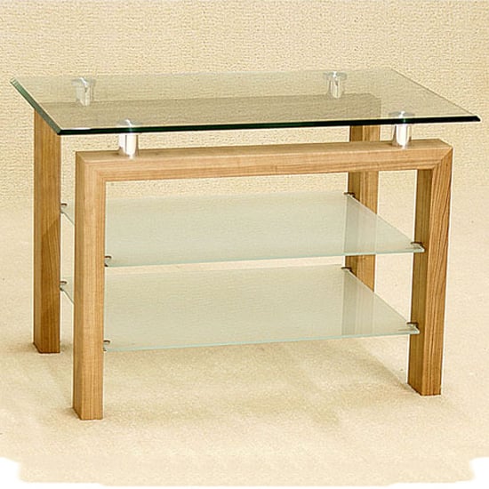 Product photograph of Adsila Clear Glass Tv Stand With Oak Frame from Furniture in Fashion
