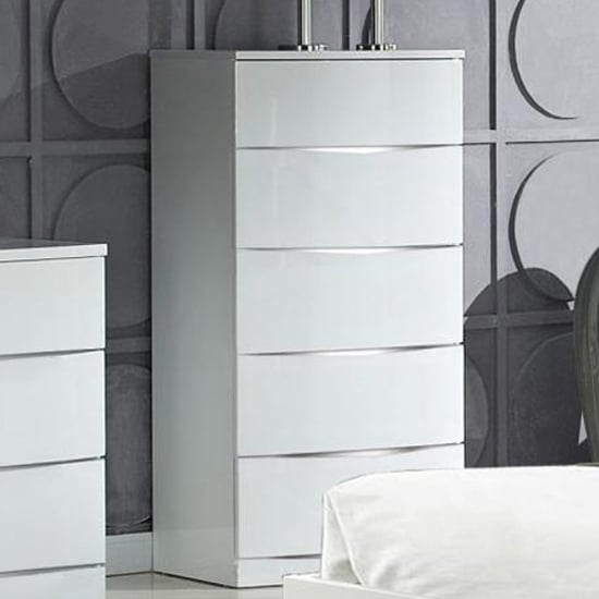 Product photograph of Aedos High Gloss Chest Of 5 Drawers White from Furniture in Fashion