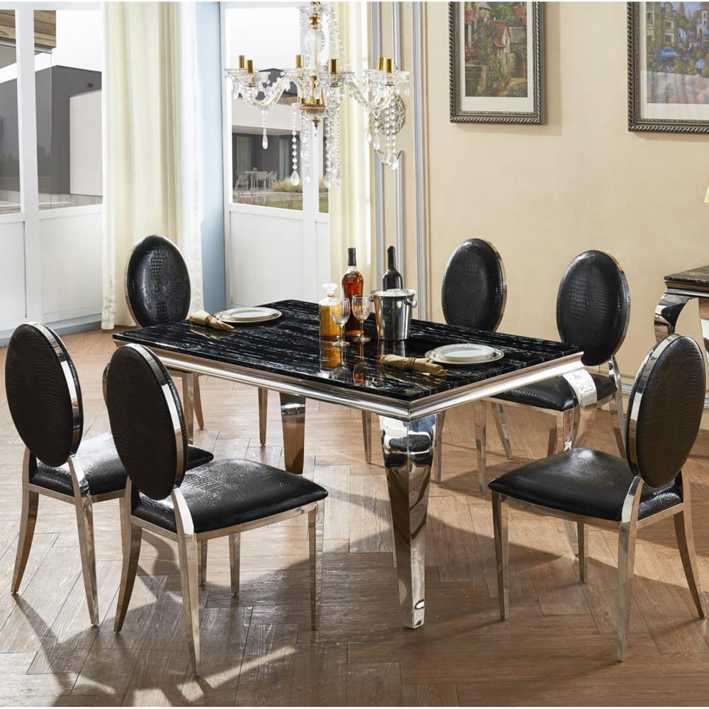 Aella Marble Dining Table With 6 Black Chairs In Natural Stone