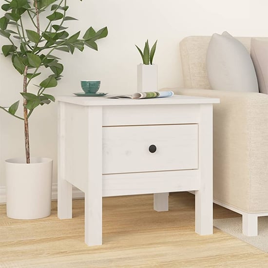 Product photograph of Aeneas Solid Pinewood Side Table With 1 Drawer In White from Furniture in Fashion