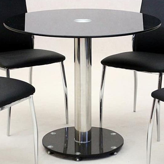 Product photograph of Aeres Round Black Glass Dining Table With Chrome Base from Furniture in Fashion