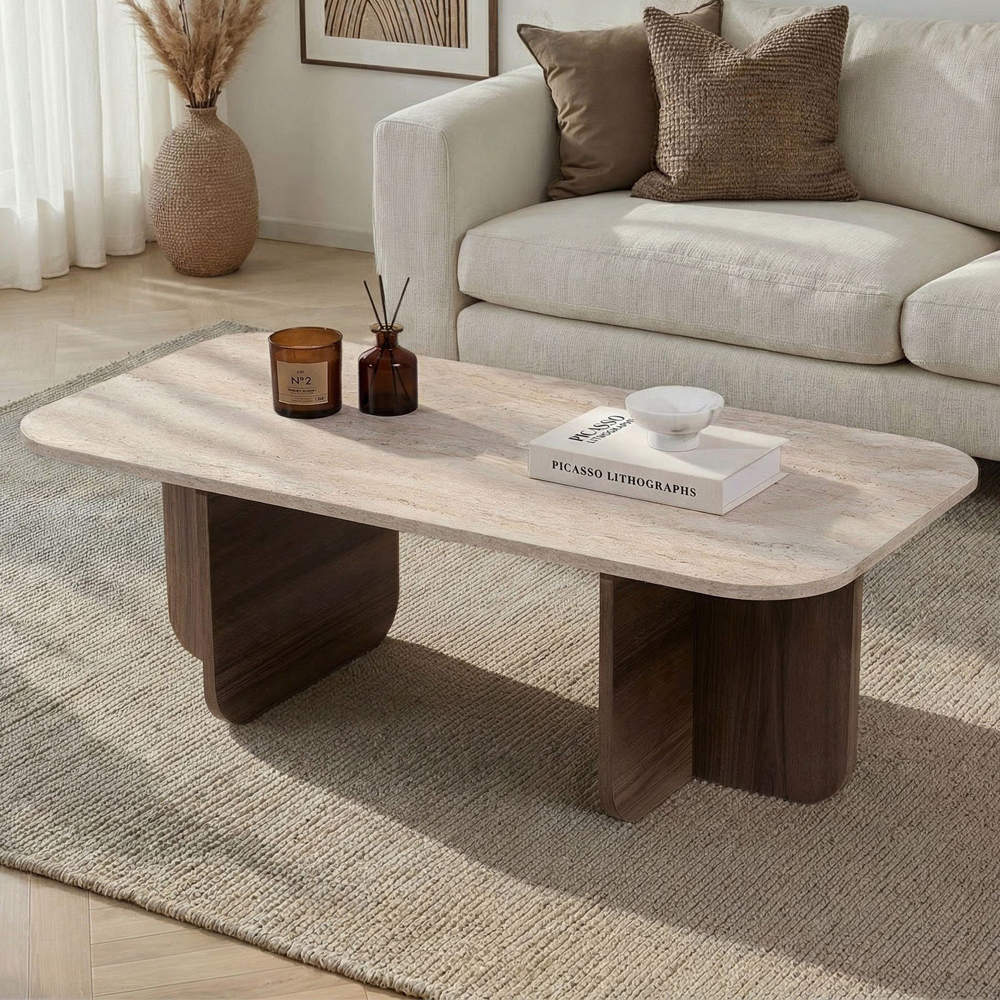 Aerin Wooden Rectangular Coffee Table in Travertine Marble Effect and Walnut