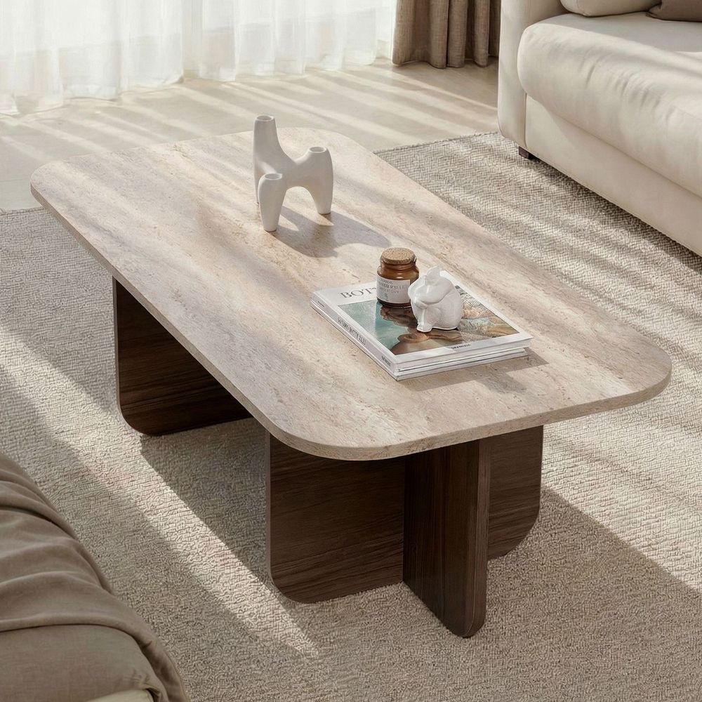 Aerin Wooden Rectangular Coffee Table in Travertine Marble Effect and Walnut