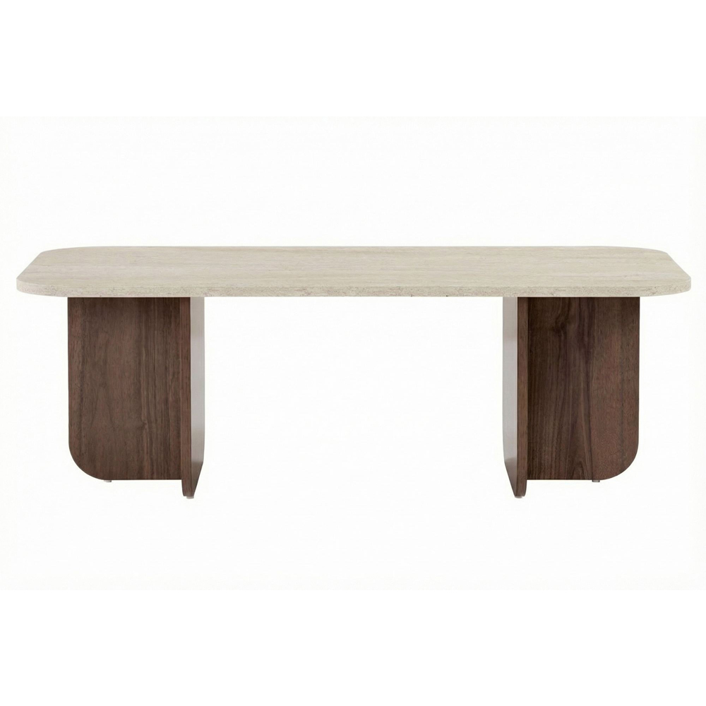Aerin Wooden Rectangular Coffee Table in Travertine Marble Effect and Walnut