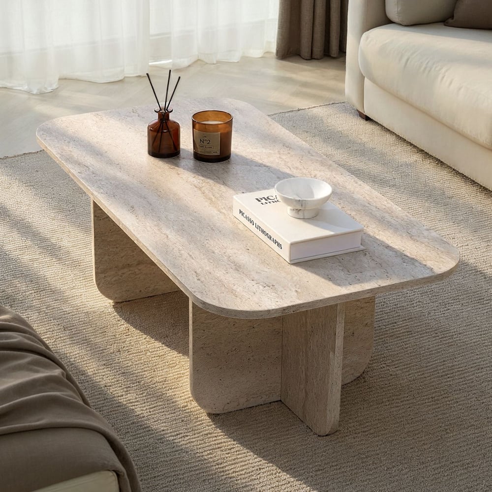 Aerin Wooden Rectangular Coffee Table in Travertine Marble Effect