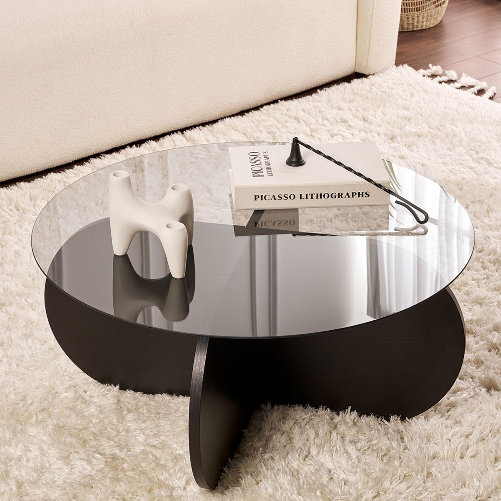 Aerio Fume Tempered Glass Coffee Table with Black Wooden Base