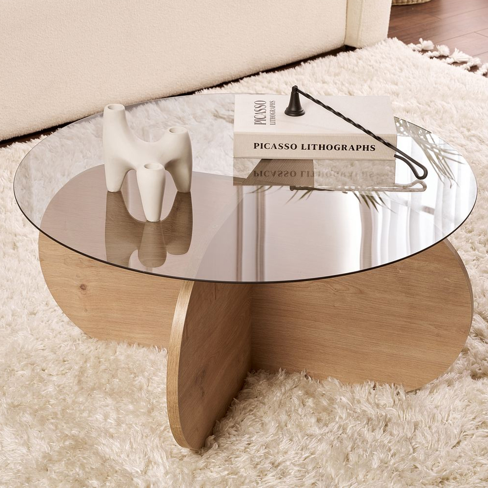 Aerio Fume Tempered Glass Coffee Table with Sapphire Oak Wooden Base