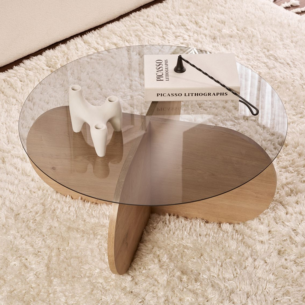 Aerio Fume Tempered Glass Coffee Table with Sapphire Oak Wooden Base