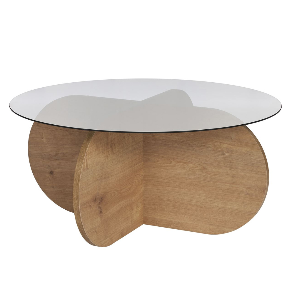 Aerio Fume Tempered Glass Coffee Table with Sapphire Oak Wooden Base