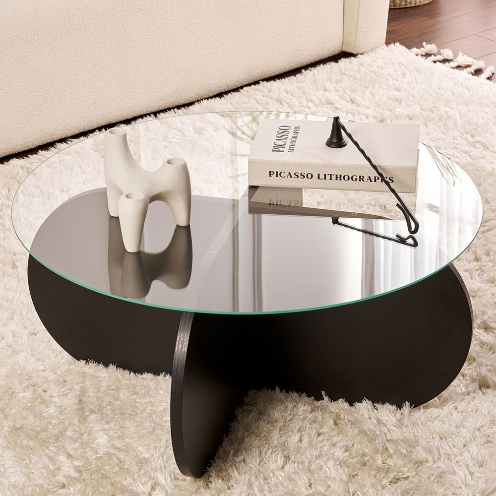 Aerio Clear Tempered Glass Coffee Table with Black Wooden Base