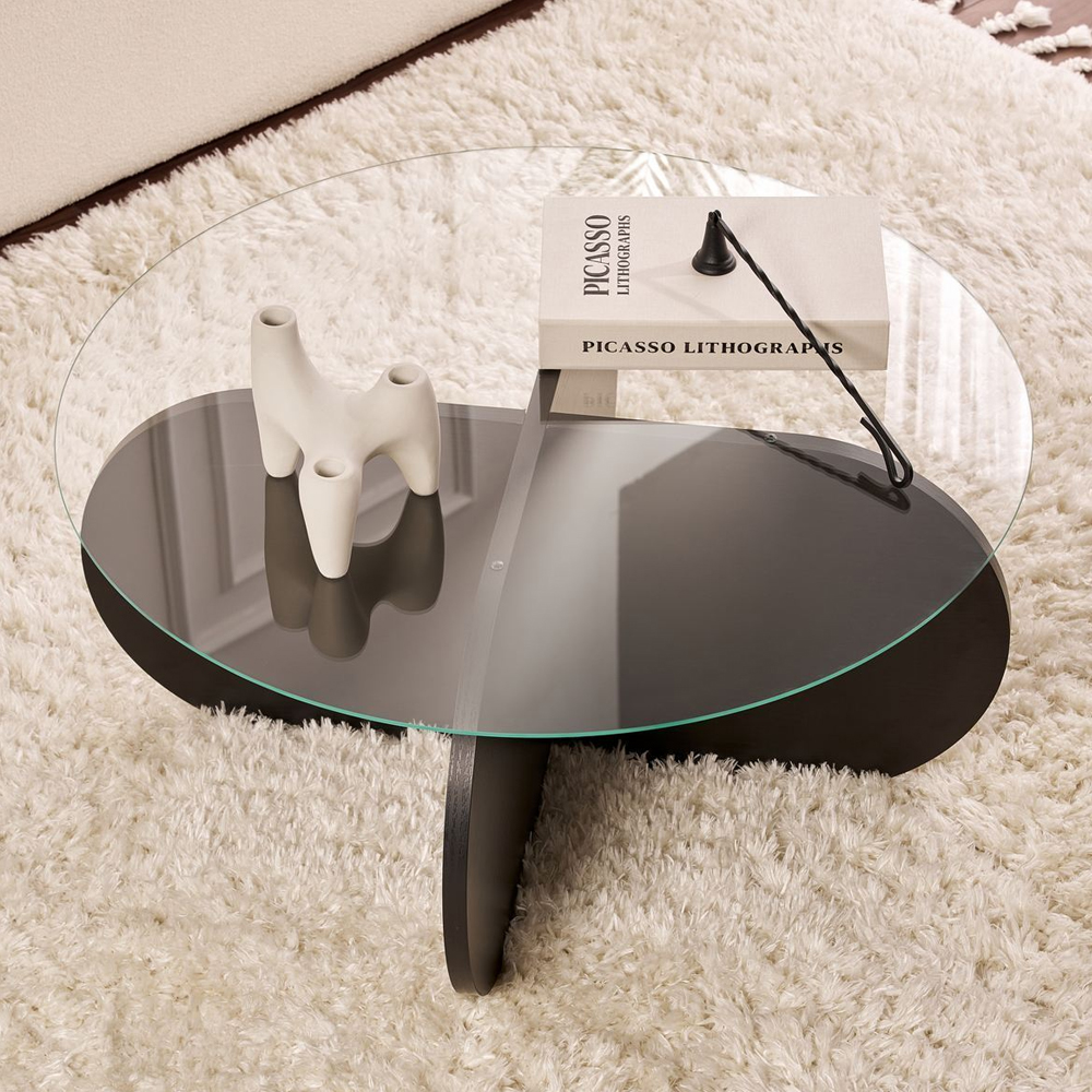 Aerio Clear Tempered Glass Coffee Table with Black Wooden Base
