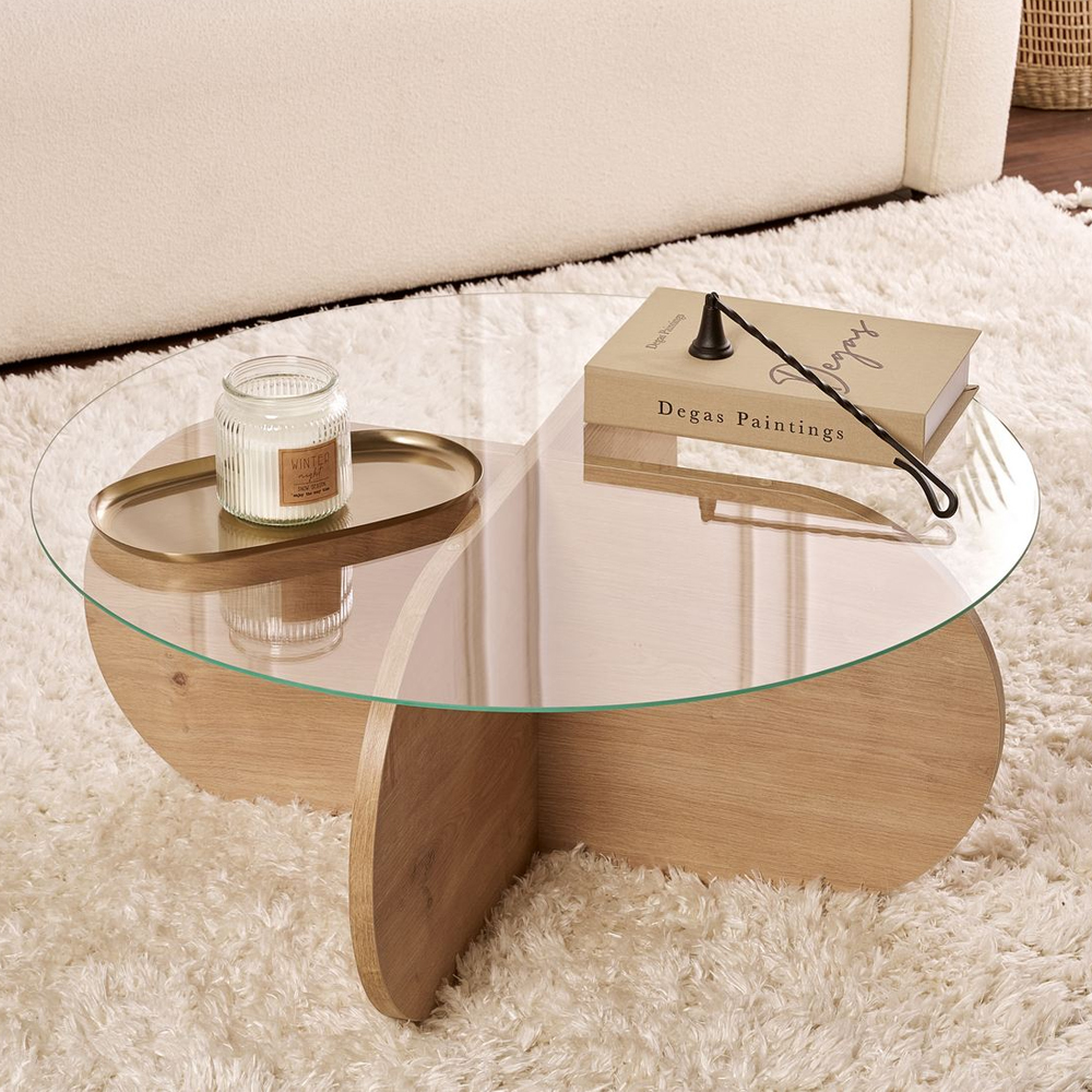 Aerio Clear Tempered Glass Coffee Table with Sapphire Oak Wooden Base
