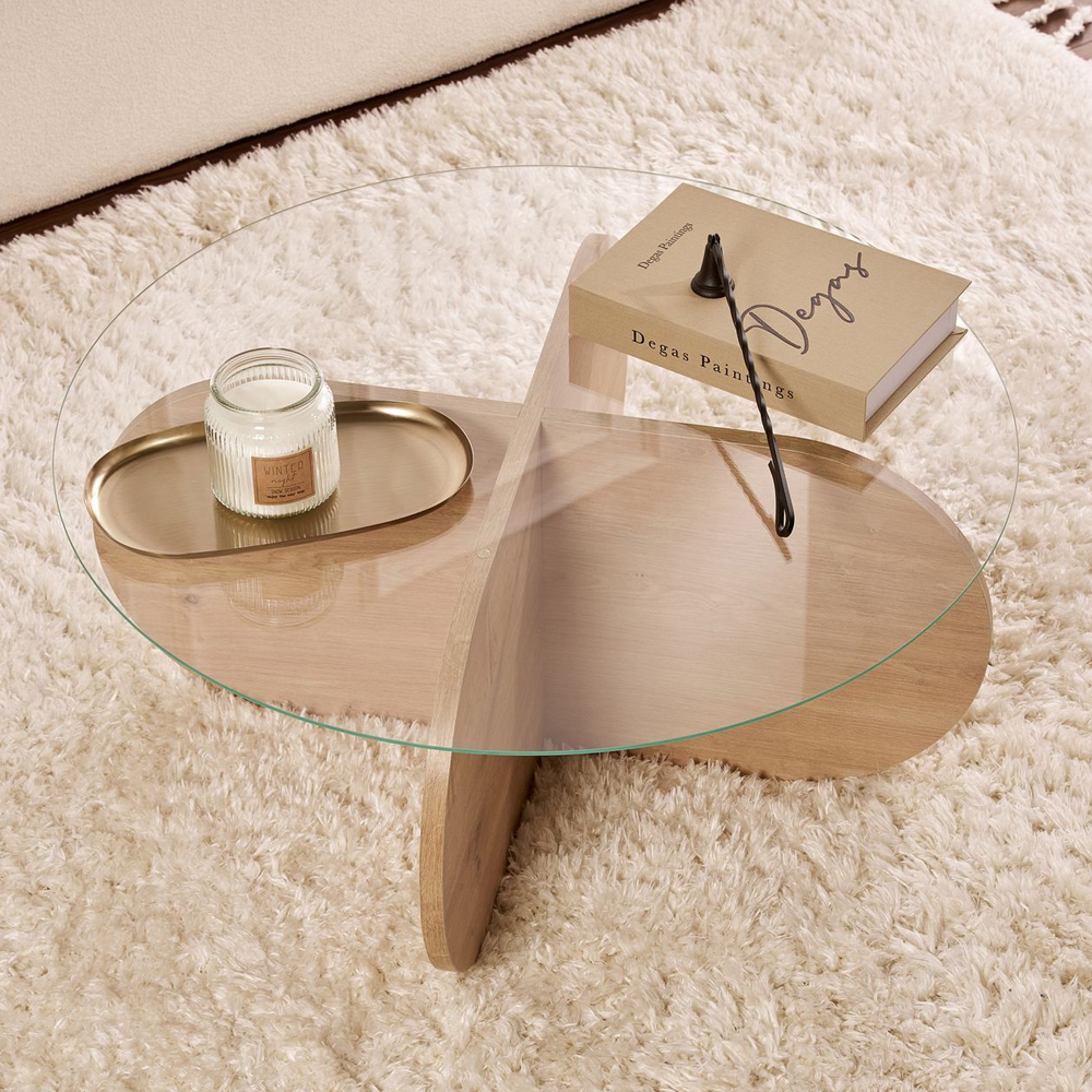 Aerio Clear Tempered Glass Coffee Table with Sapphire Oak Wooden Base