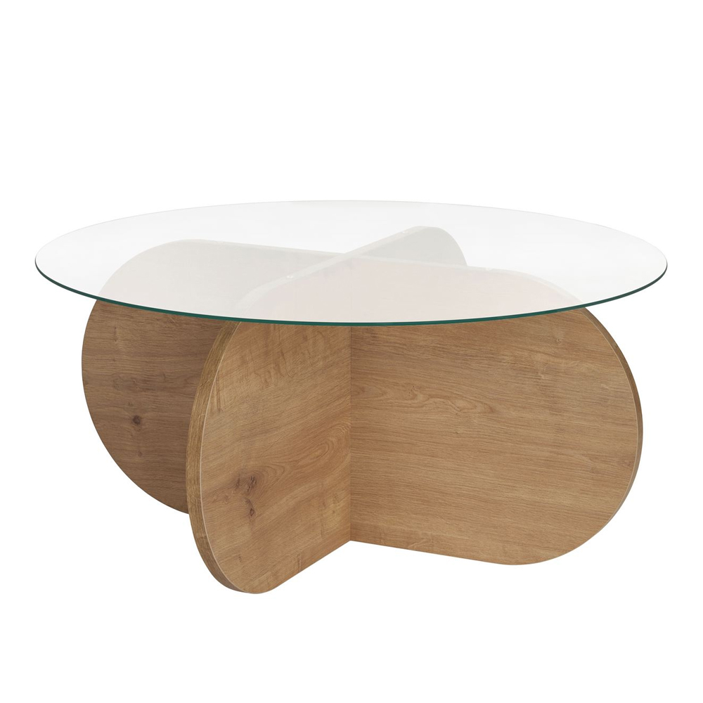 Aerio Clear Tempered Glass Coffee Table with Sapphire Oak Wooden Base