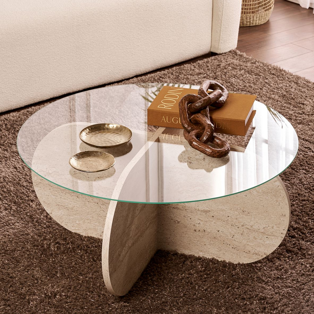 Aerio Clear Tempered Glass Coffee Table with Travertine Marble Effect