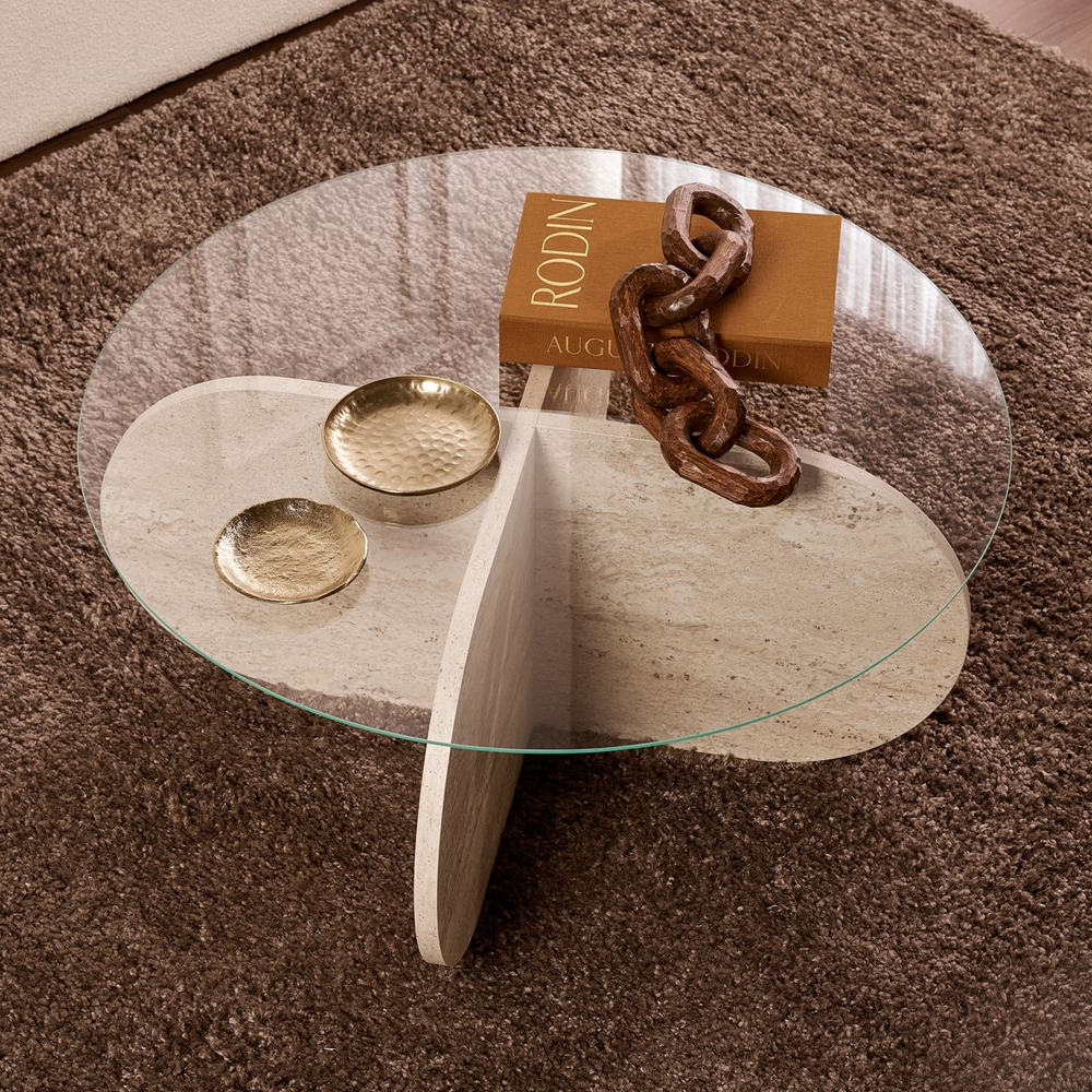 Aerio Clear Tempered Glass Coffee Table with Travertine Marble Effect