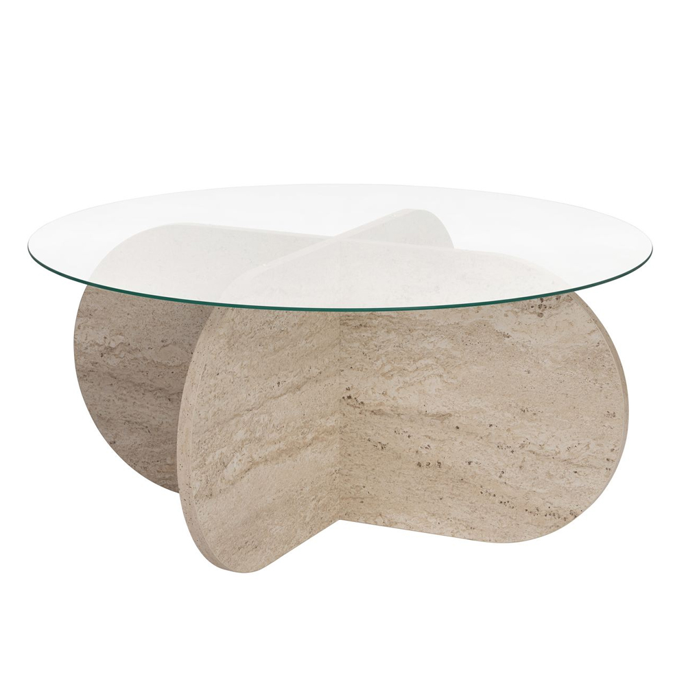 Aerio Clear Tempered Glass Coffee Table with Travertine Marble Effect