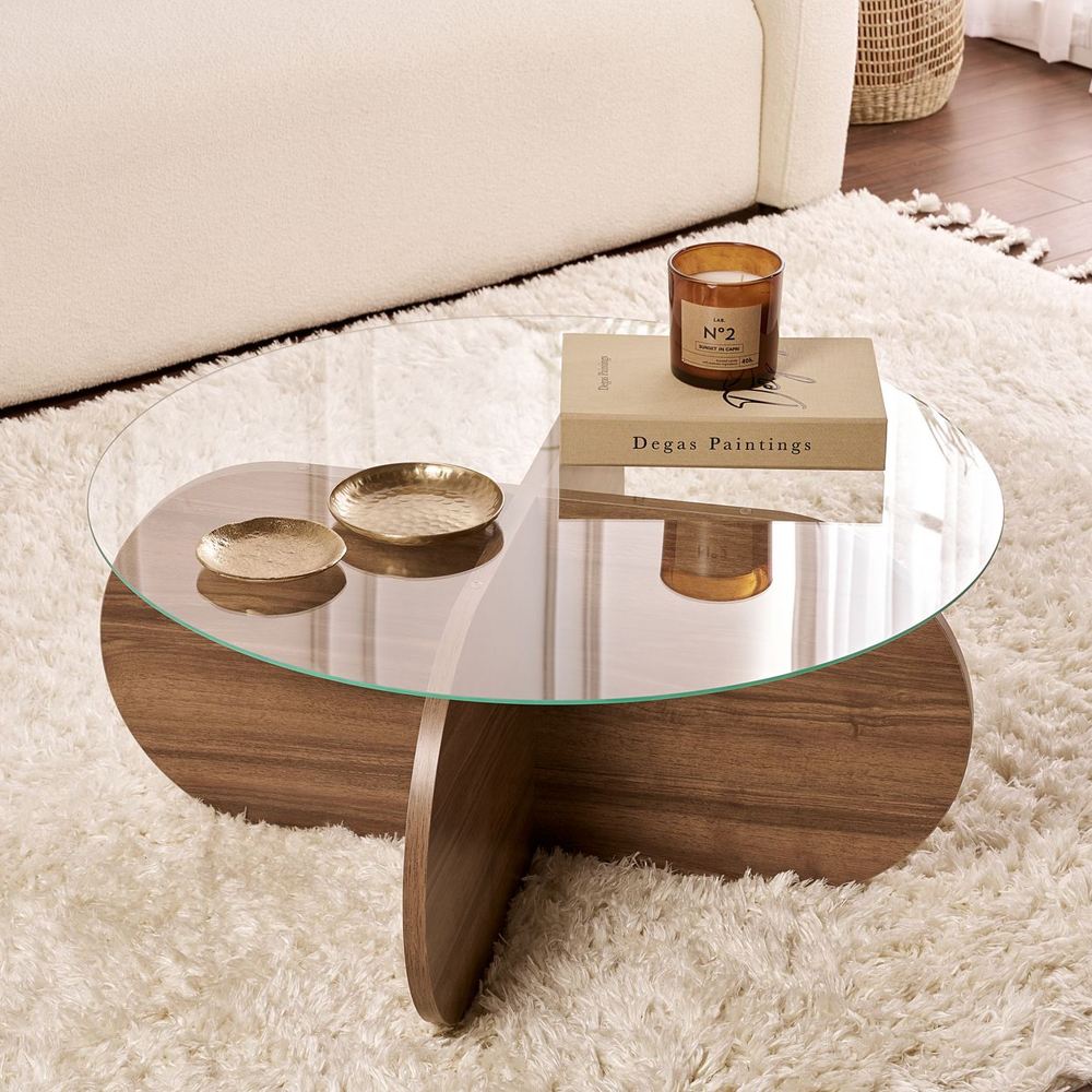 Aerio Clear Tempered Glass Coffee Table with Walnut Wooden Base