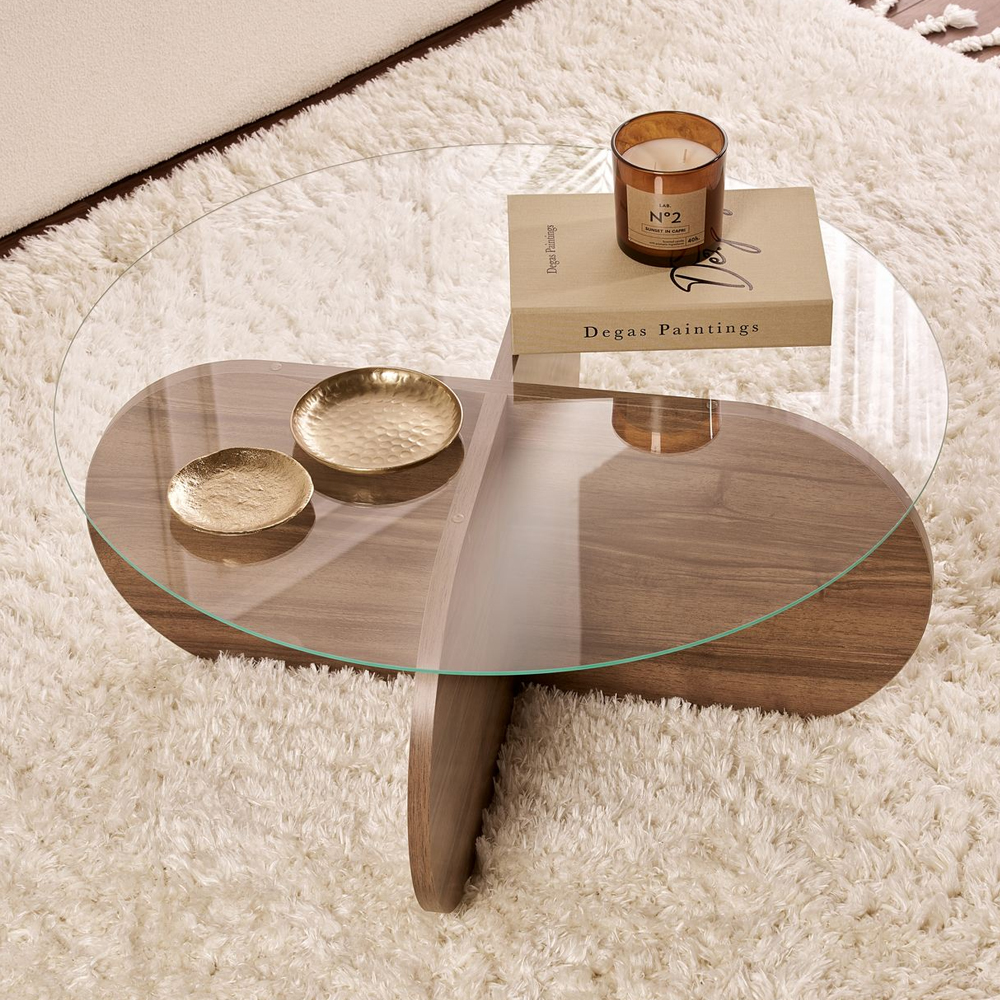 Aerio Clear Tempered Glass Coffee Table with Walnut Wooden Base