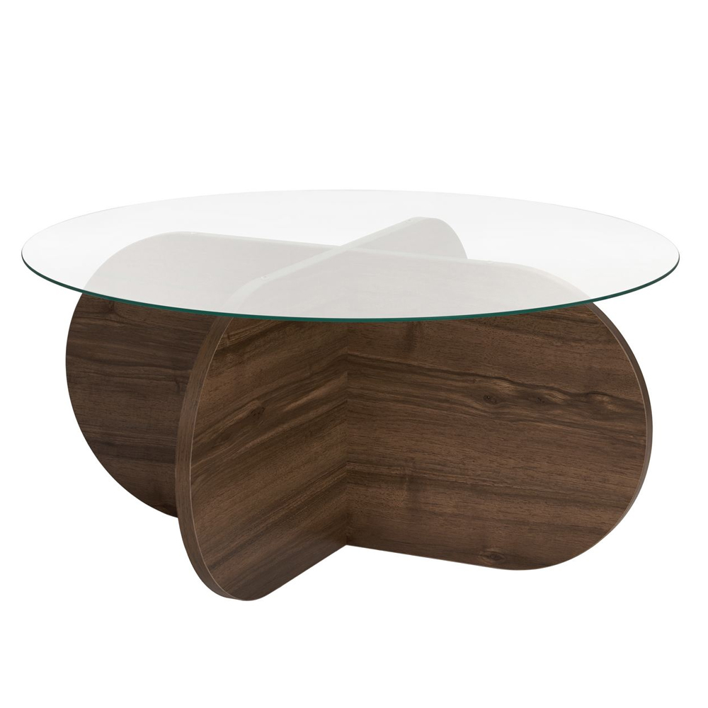 Aerio Clear Tempered Glass Coffee Table with Walnut Wooden Base