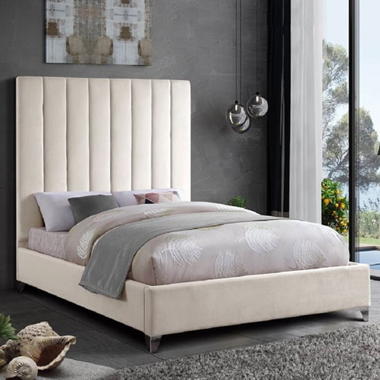 Product photograph of Aerostone Plush Velvet Upholstered Super King Size Bed In Cream from Furniture in Fashion