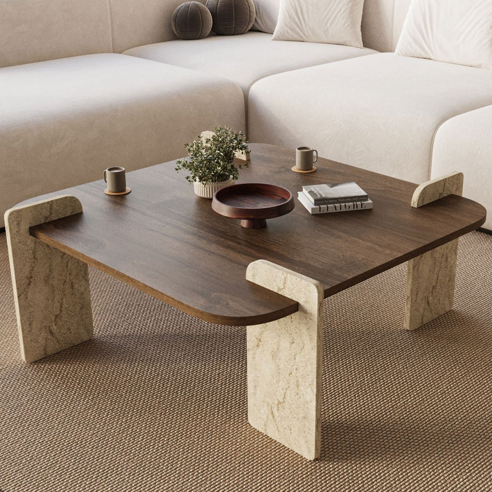 Afrolli Wooden Square Wooden Coffee Table in Travertine Marble Effect and Walnut