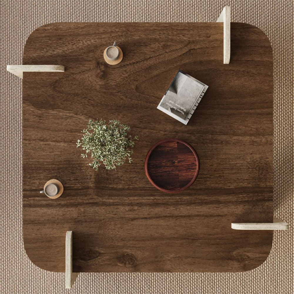 Afrolli Wooden Square Wooden Coffee Table in Travertine Marble Effect and Walnut