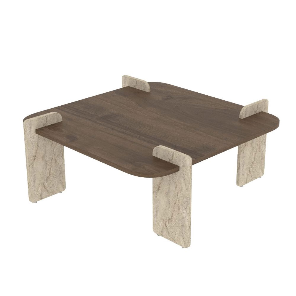 Afrolli Wooden Square Wooden Coffee Table in Travertine Marble Effect and Walnut