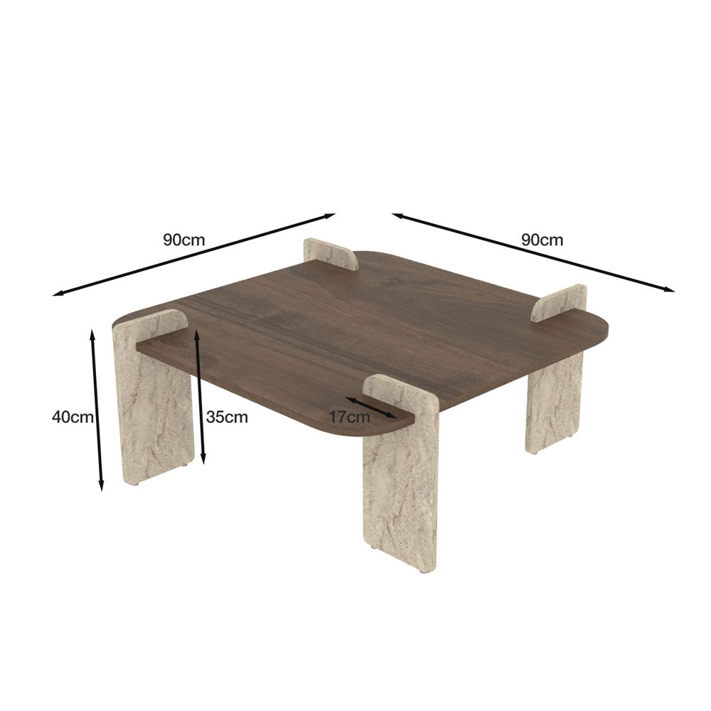 Afrolli Wooden Square Wooden Coffee Table in Travertine Marble Effect and Walnut
